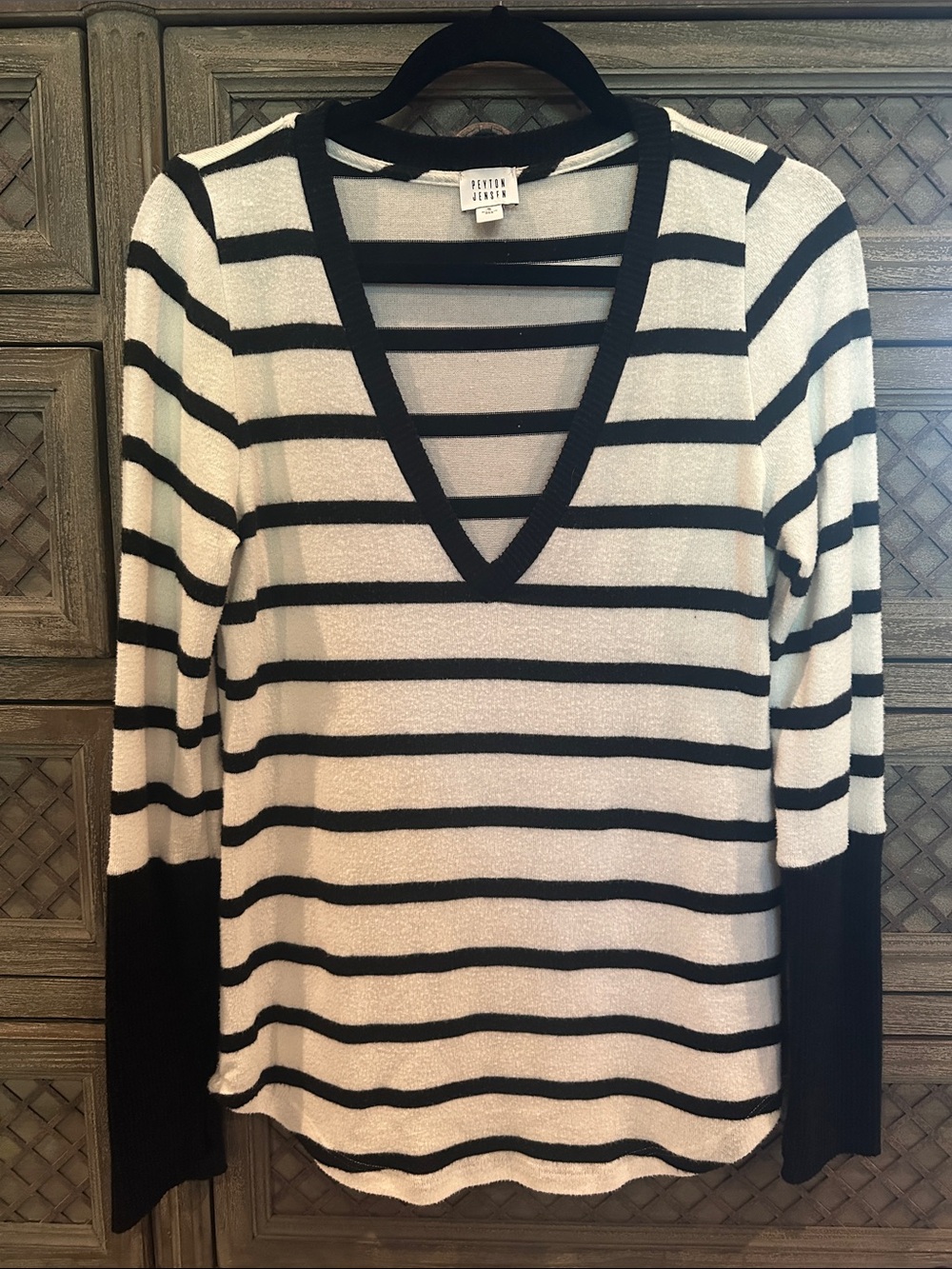 Black & White Striped V-Neck Women's Top